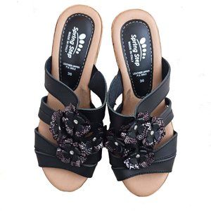 Spring Step Women's Black Sandals with Cork Heels and Flowers Size 36 US 5.5-6